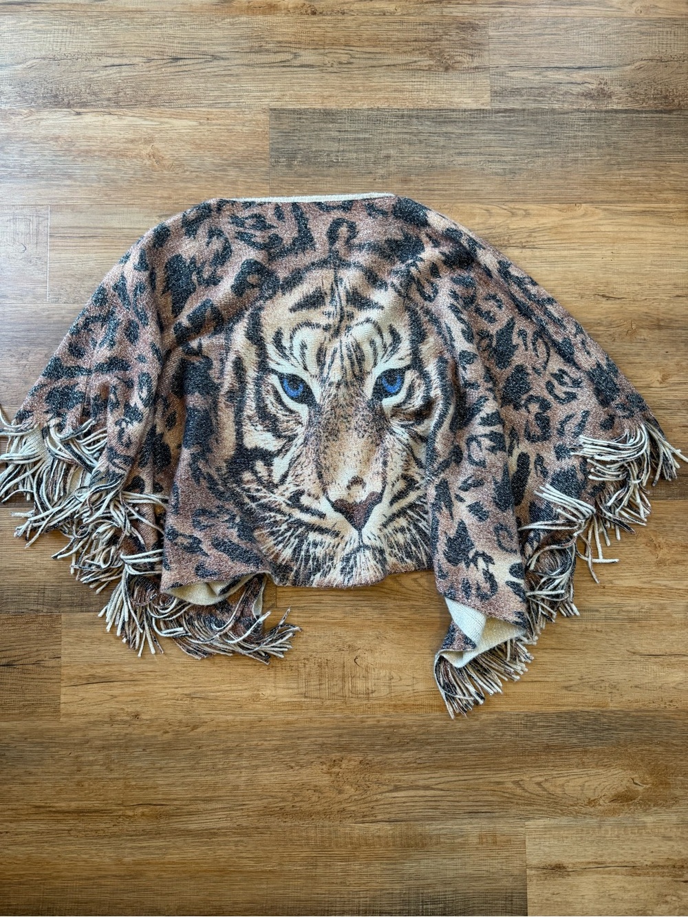 Tiger Face Fringe Poncho in Brown, Cream & Blue